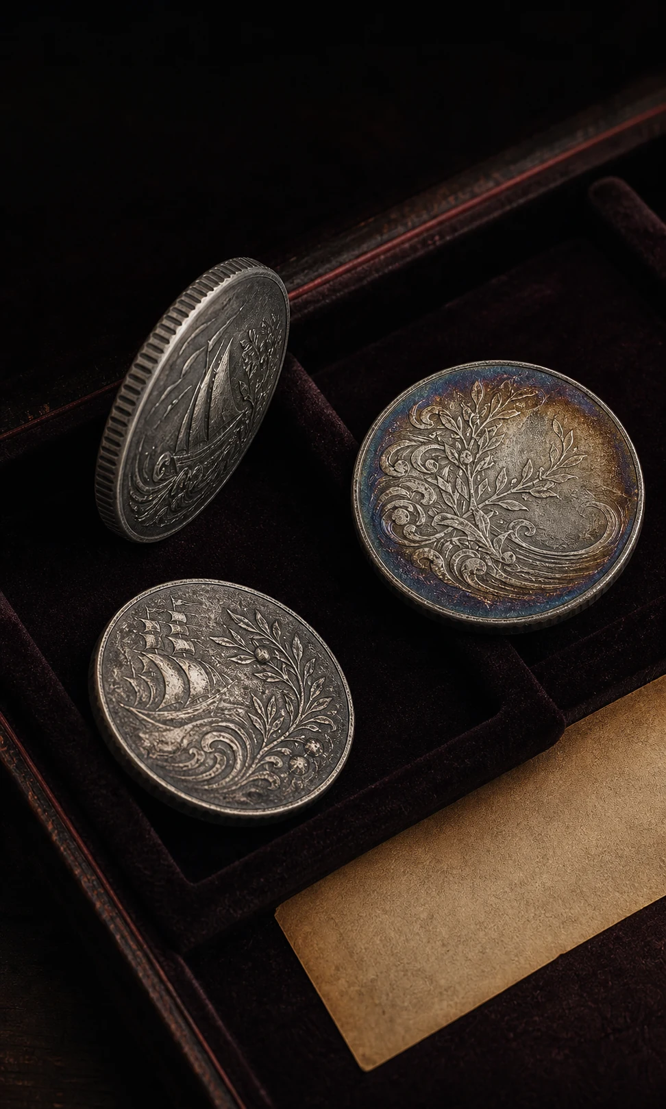 Three fictional antique silver coins showing edge milling, worn relief and natural toning in a conservation tray