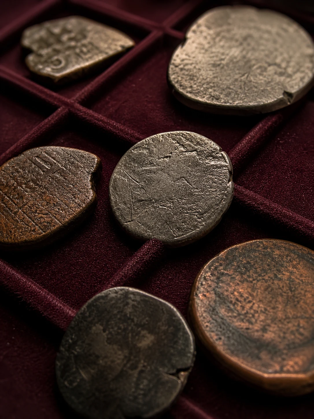 Naturally worn silver and copper coins in an archival conservation tray