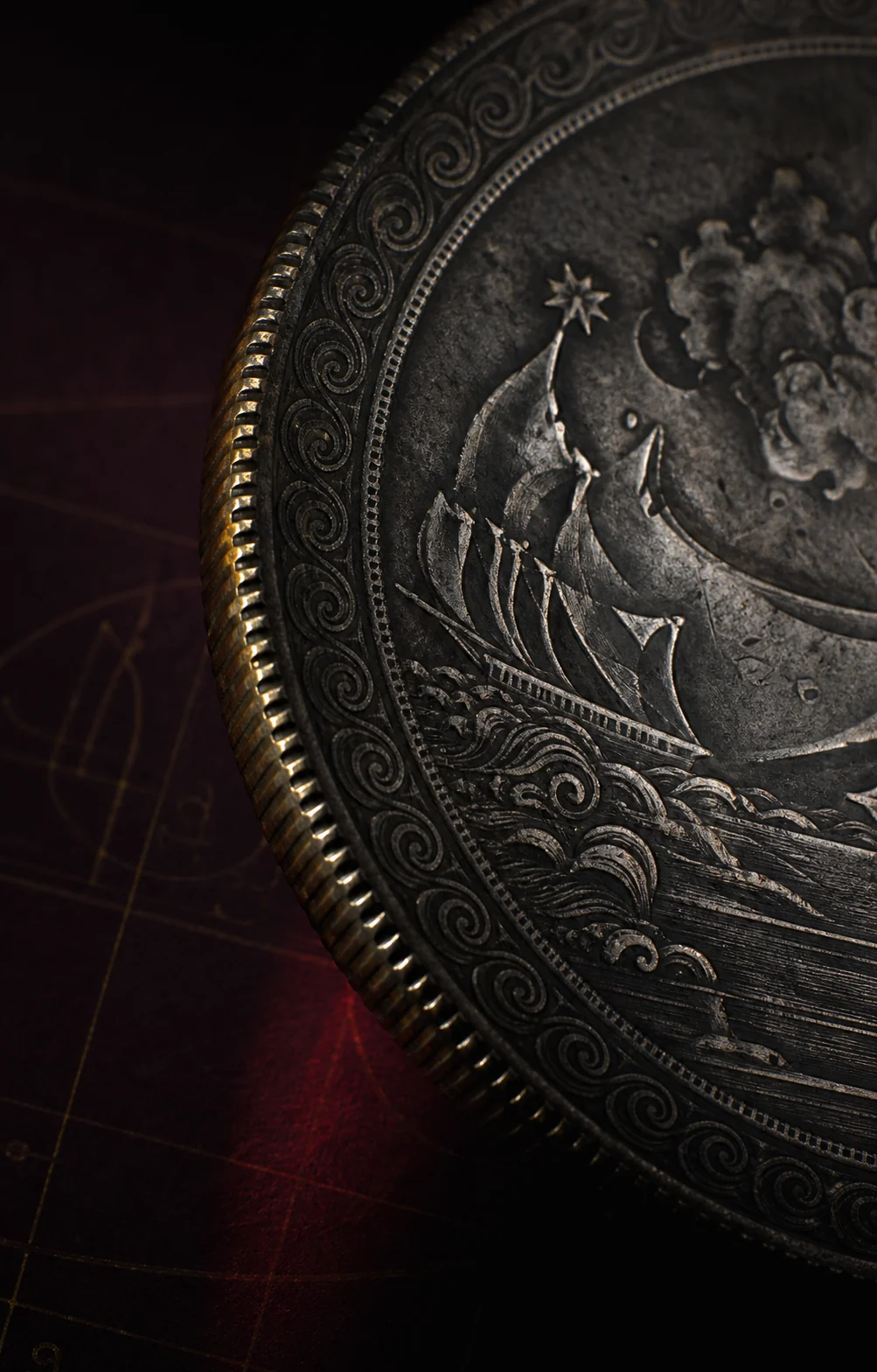 A sculptural close-up of an engraved antique silver coin