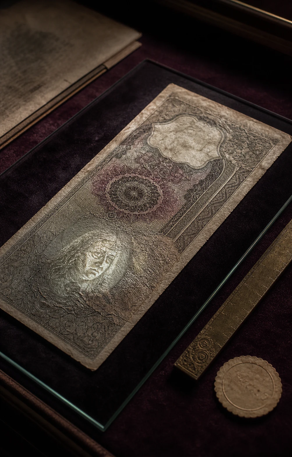 A fictional historical banknote under transmitted light, revealing paper fibres and watermark details