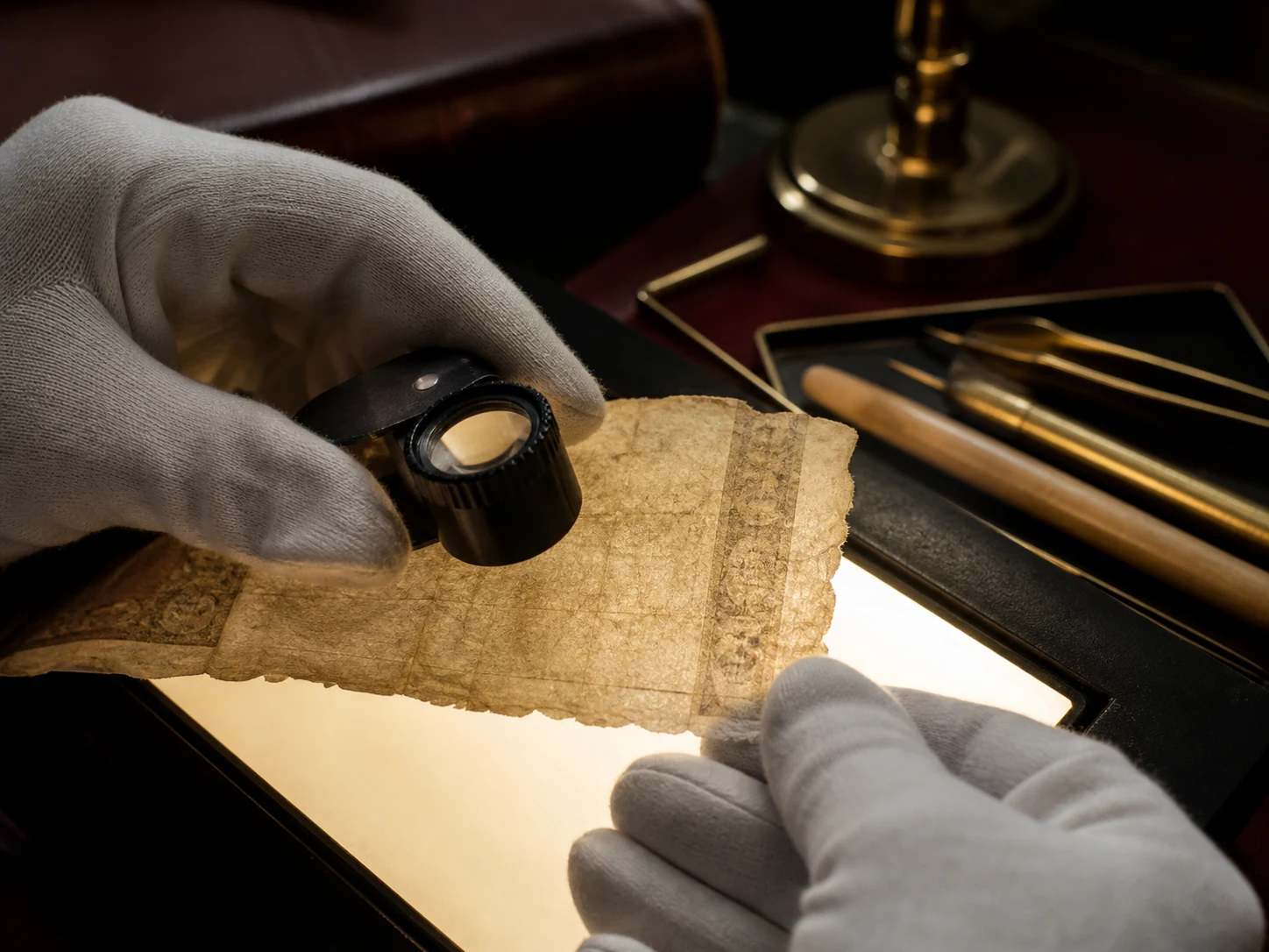 A conservator examining aged paper fibres under transmitted light with a loupe