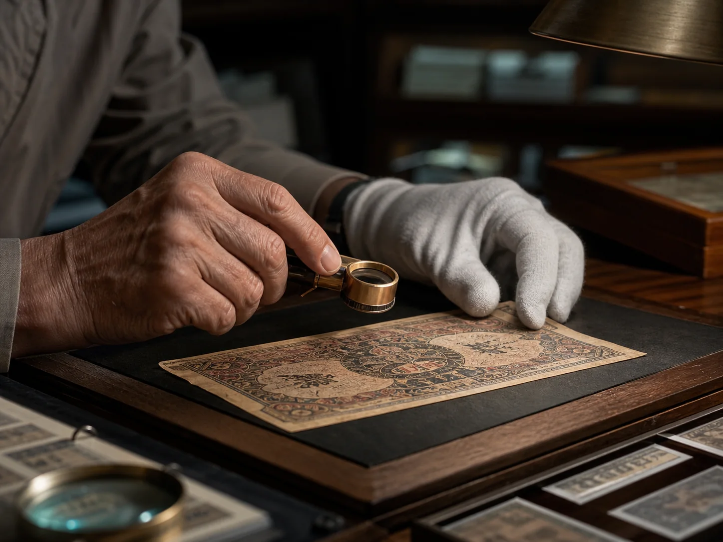 A numismatic specialist examining a historical banknote with a brass loupe
