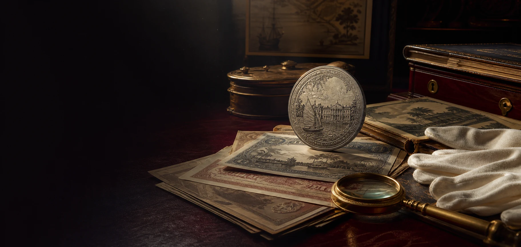 An archival still life of an engraved silver coin, historical papers and a brass loupe