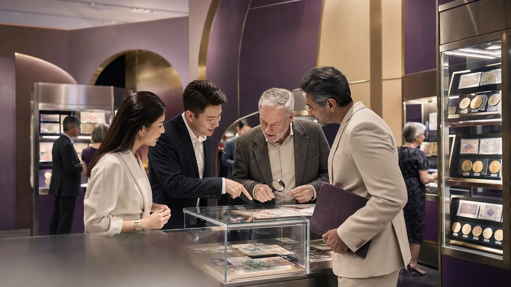 Collectors sharing discoveries at an international banknotes and coins fair in Singapore